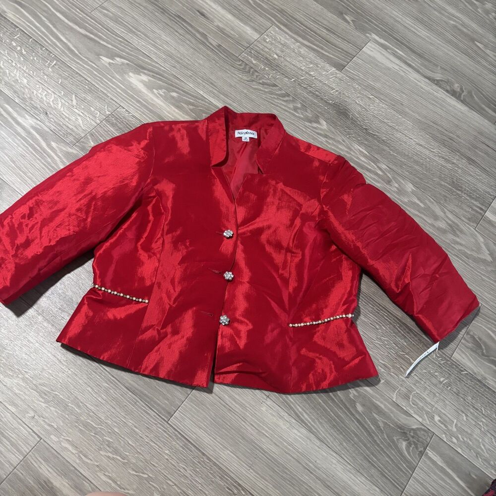 NWT Nicolette Red Satin Blazer Jacket Rhinestone Button Formal Career Size 18